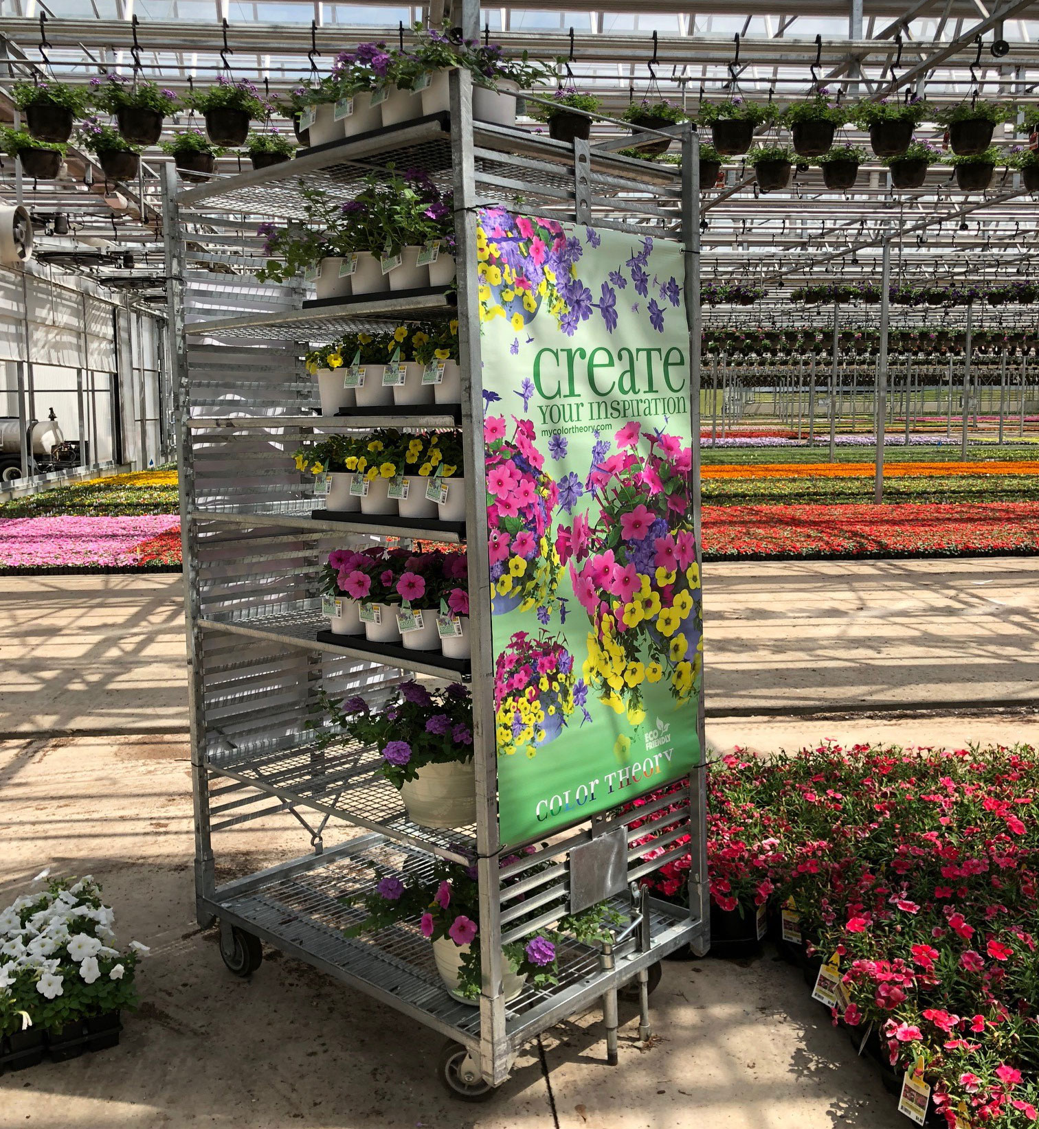A tall cart with small flower pots on the shelves in a greenhouse.