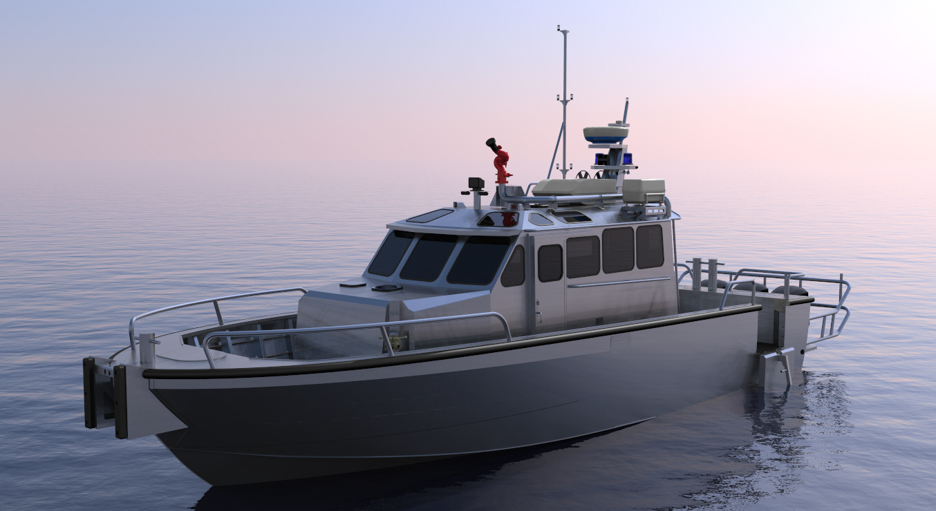 A 3D rendering of a completed fireboat, designed by naval architects and engineers.