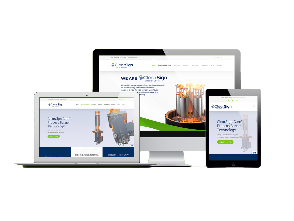 Mockup of the ClearSign Website on laptop, monitor and tablet.