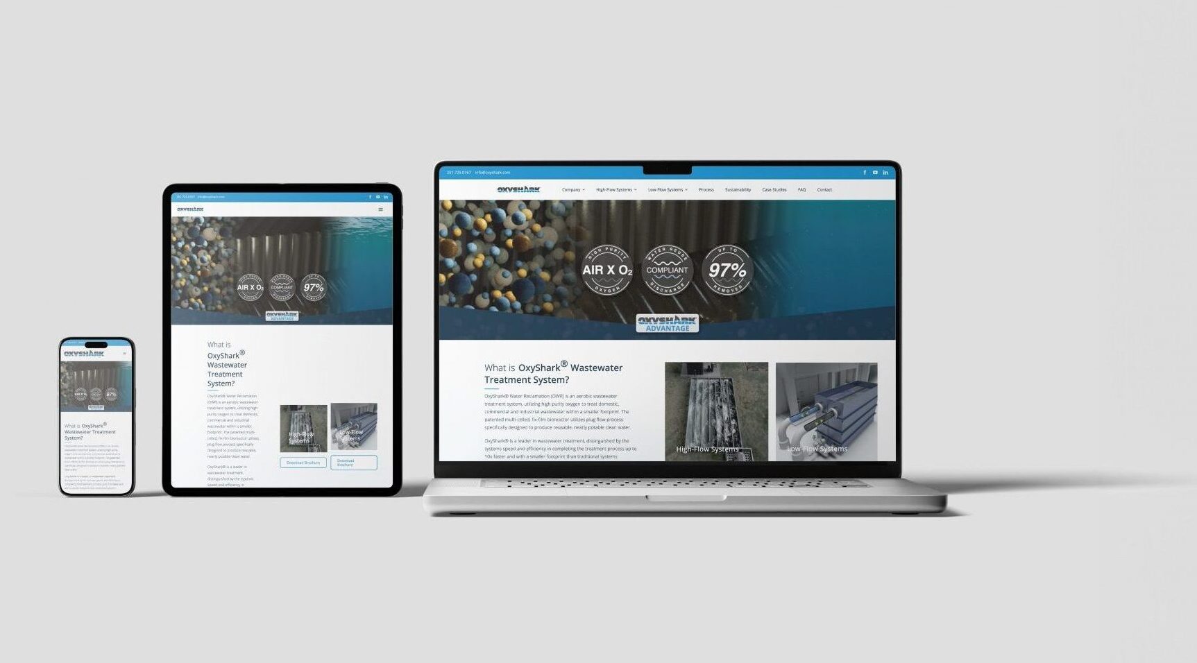 Mockup of the OxyShark website on a phone, tablet and laptop.