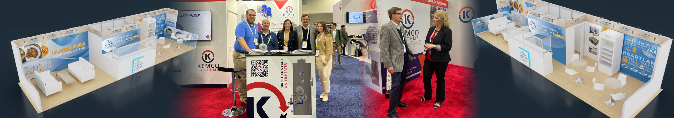 Collage of the Heartland Catfish tradeshow booth rendering and the TRINDGROUP and Kemco teams at a tradeshow.