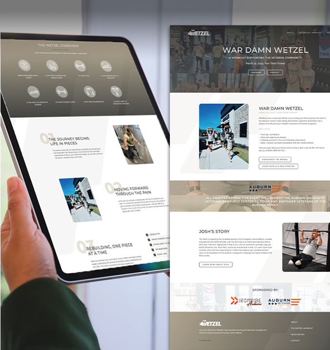Someone holding an iPad with the War Damn Wetzel website on the screen, and a screenshot of the homepage to the right.