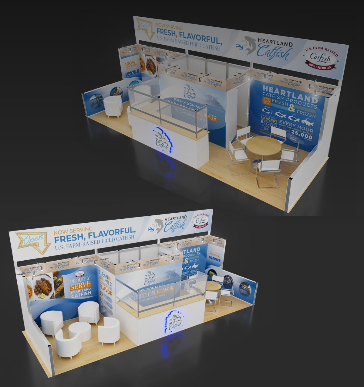 Two renderings of the Heartland Catfish tradeshow booth.